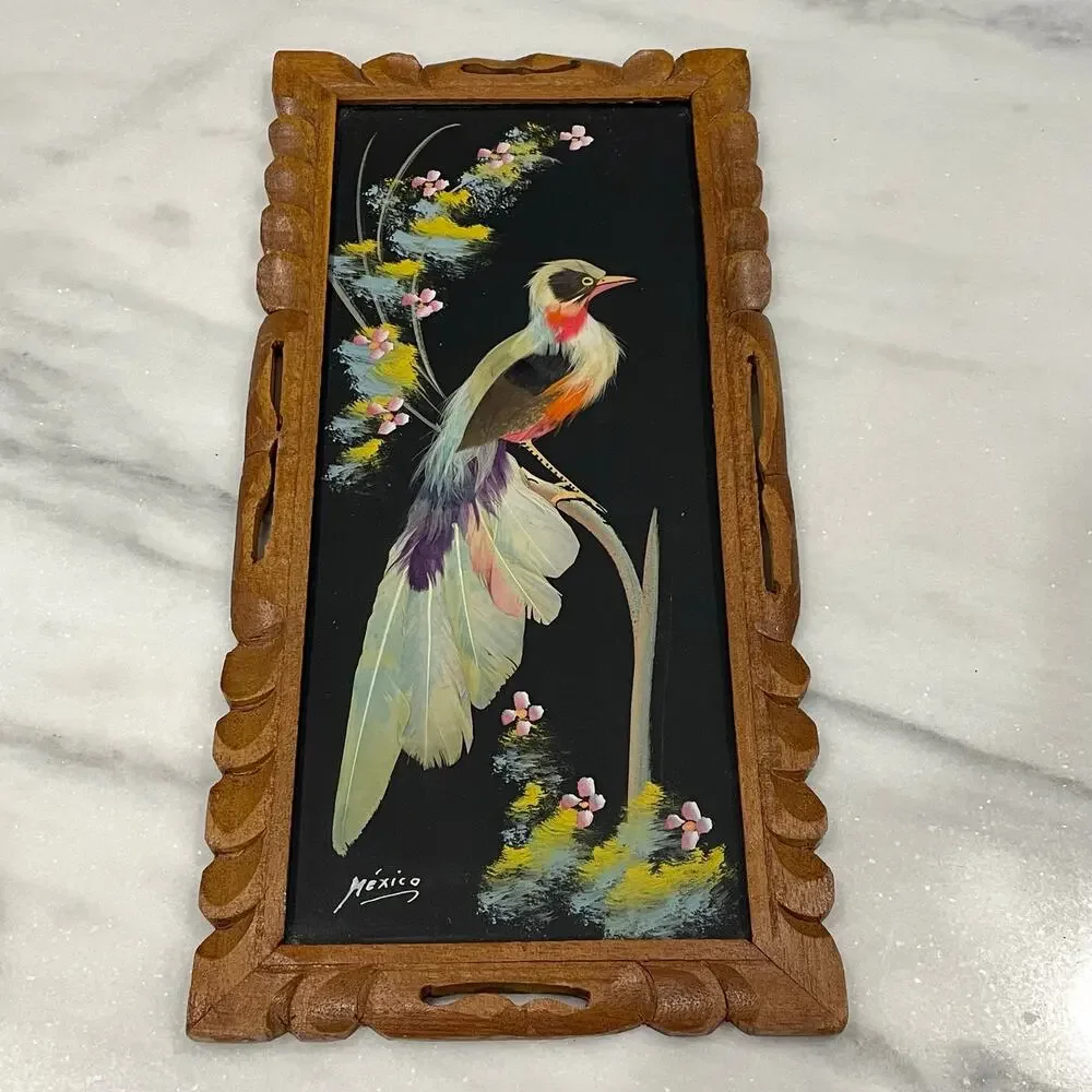 Vintage Mexican Feather Art Bird Hand Carved Wood Frame Folk Art Craft